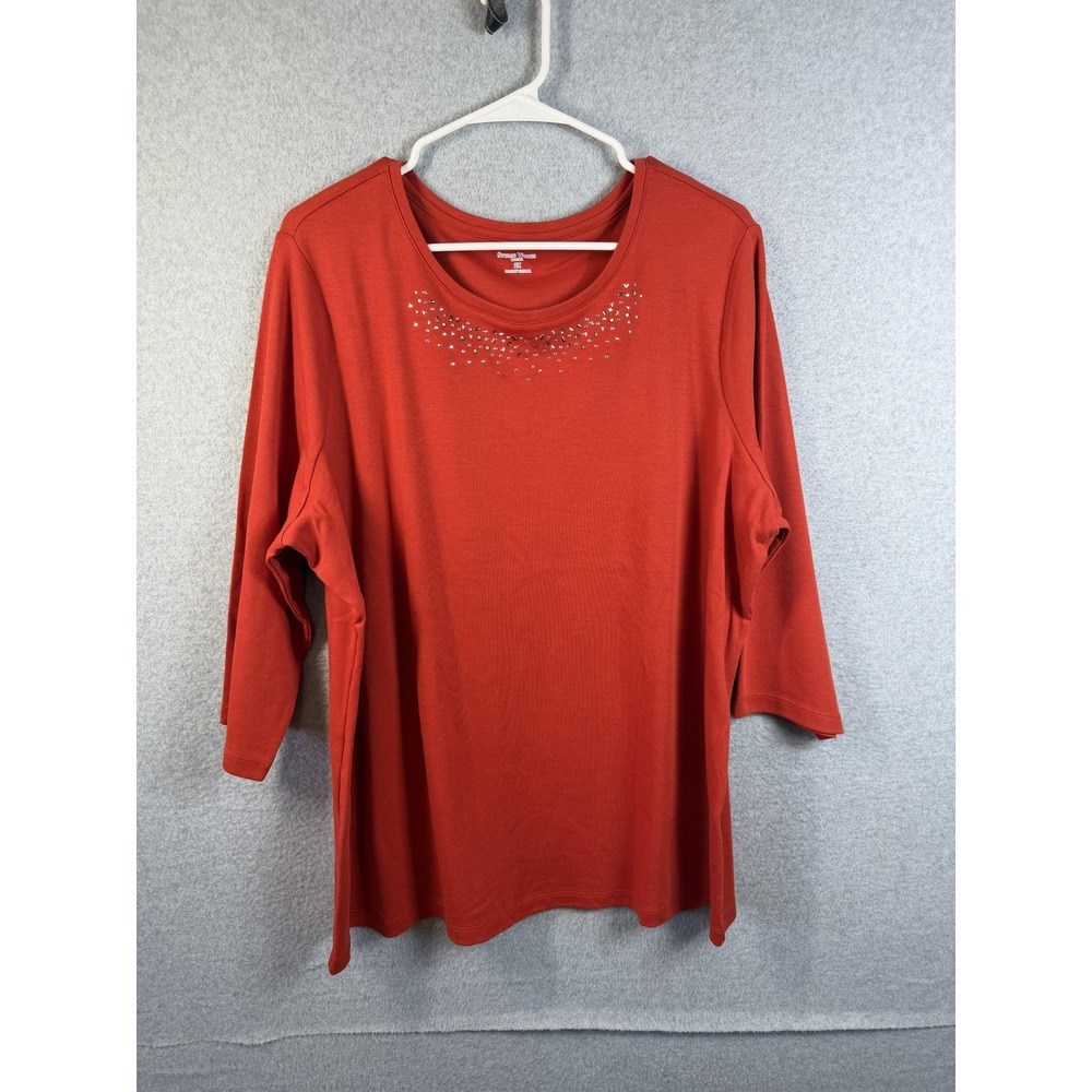 Studio Works Shirt Womens 2X Orange Rhinestone Scoop Neck 3/4 Sleeve Plus Top
